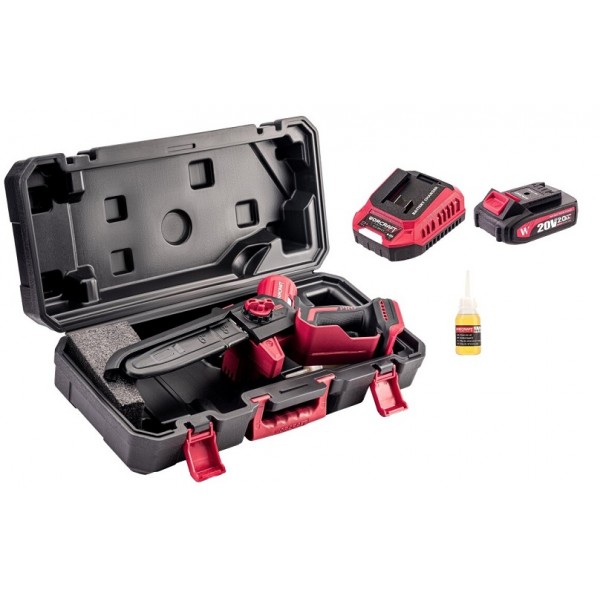 Akumuliatorinis grandininis mini pjūklas WORCRAFT 8" 20V LI-ION 2x2.0Ah lagamine